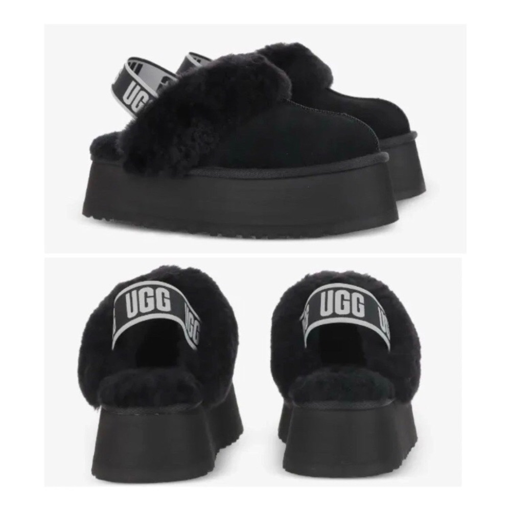 $140 UGG Funkette Black Sherling-trim Slingback Platform Slippers Size 10